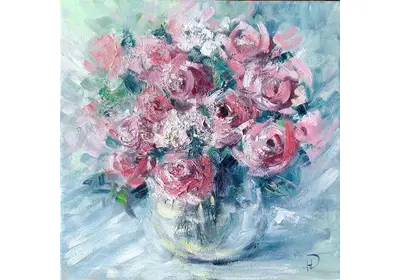 Изображение мелких цветов розочек в прозрачной вазе художника Нины Дивинской (Волгоград)