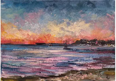 Картина вид на море из кафе Дом рыбака закат художницы Нины Дивинской.