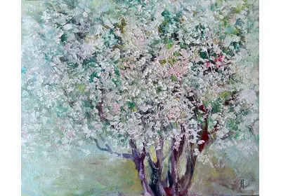 Картина маслом Яблоня Свято-Вознесенского монастыря в цвету. Художник Нина Дивинская (Волгоград)