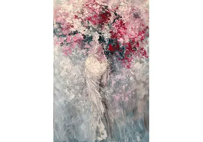 Картина маслом "Затерявшаяся в цветах" - женский силуэт в объятиях цветов индиго и розового. Художник Нина Дивинская