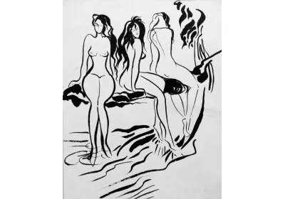 Рисунок тушью "Купальщицы" – три обнаженные девушки автор Нина Дивинская (Волгоград)