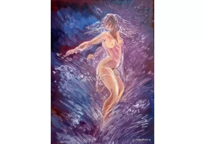 Девушка динамично танцует в окружении брызг воды и полностью поддалась своему порыву – картина маслом на холсте художника Нины Дивинской Волгоград