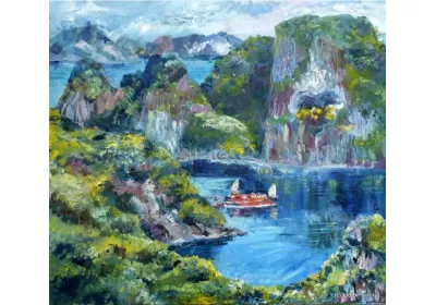 Экзотическое место в туристическом Вьетнаме Скалы, живописная бухта, море на горизонте.