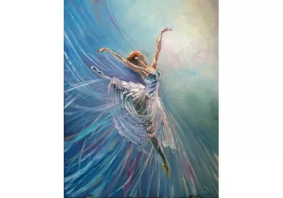 Лёгкая, парящая в свободном полете танцующая девушка, вскинула руки вверх маслом на холсте художник Нина Дивинская (Волгоград)