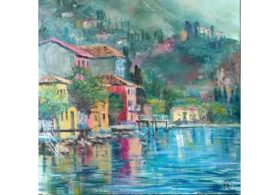 Картина маслом "Озеро в горах" Итальянский пейзаж художника Нины Дивинской