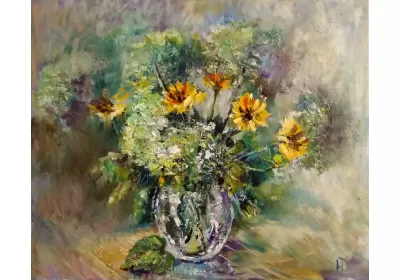 Цветы пышной гортензии и солнечные рудбекии в овальной прозрачной вазе картина художника Нины Дивинской (Волгоград)