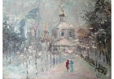 Пейзаж на верхней набережной Волгограда зимой маслом на холсте художника Нины Дивинской