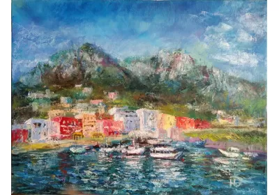 Картина "Итальянский курорт" написана маслом на холсте цветные домики на фоне гор на берегу моря.
