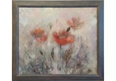 Картина "Маки в тумане" в деревянной раме, окрашенной вручную.