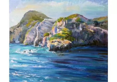 Картина "Море" написана масляными красками. Катера на море на фоне скалистого побережья.