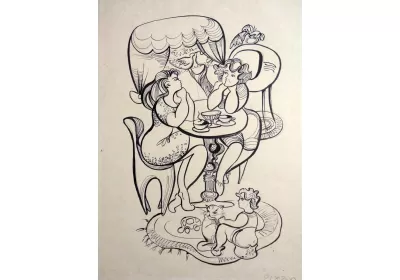 Рисунок "Посиделки" с изображением двух кумушек за чашкой чая и романтической беседой автор Нина Дивинская (Волгоград)