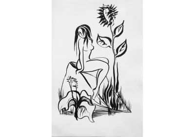 Графический черно белый рисунок с изображением обнажённой девушки, сидящей на камне и подсолнух автор Нина Дивинская (Волгоград)