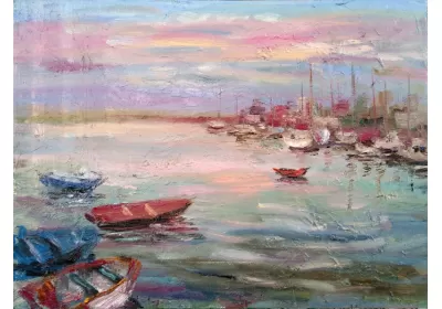 Картина с морским пейзажем "Розовый вечер" Бухта с ночлегом для яхт и катеров.