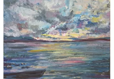 Картина маслом "Тишина" Спокойное вечернее небо и река на закате.