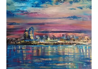 Картина маслом на холсте "Вечерний Волгоград". Панорама города на закате. Город со светящимися окнами отражается в воде.