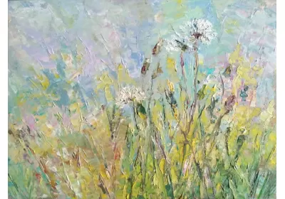Картина маслом "Весенний запах" с нежными одуванчиками на фоне прозрачного весеннего неба.