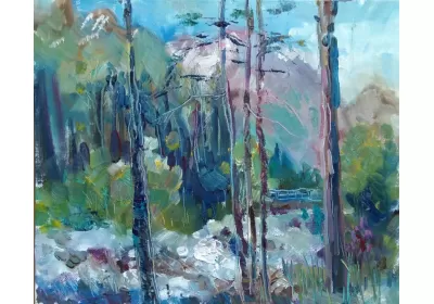 Пейзаж с горной рекой и горами на заднем плане в Приэльбрусье художника Нины Дивинской (Волгоград)