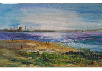 "Утро на Волге" утренний пейзаж берега реки на картине маслом на холсте художника Нины Дивинской (Волгоград)
