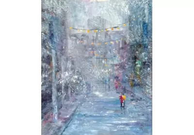 Картина "Зима в городе" заснеженная городская улица снежным вечером художника Нины Дивинской (Волгоград)