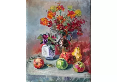 Осенний натюрморт с цветами в вазе и сочными фруктами на столе художник Нина Дивинская Волгоград