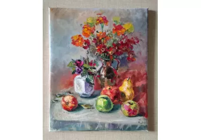 Картина маслом с фруктами а цветами "Душевная осень"