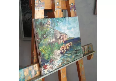 Холст с изображением летнего дня у реки на подрамнике