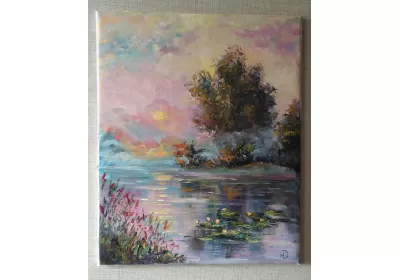 Картина маслом с вечером на озере "Кувшинки"