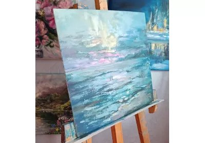 холст на картоне с закатом на море