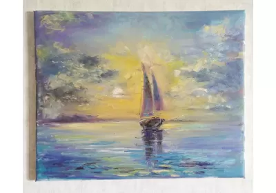 Картина маслом "Парусник на закате"вызывае ощущение юлагодати и умиротворения