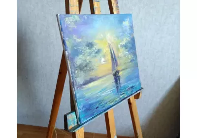 Холст на подрамнике с картиной "Парусник на закате"