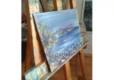 Этюд маслом на картоне "Сиреневое море"