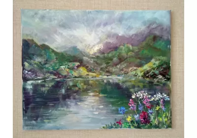 Холст на подрамнике с изображением места в Приэльбрусье "Свет в горах"