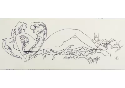 Абстрактный графический Ню рисунок обнаженной женской фигуры тушью на траве в цветах автор Нины Дивинской (Волгоград)
