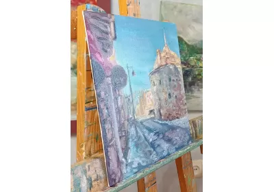 Холстна картоне с атмосферным городским пейзажем