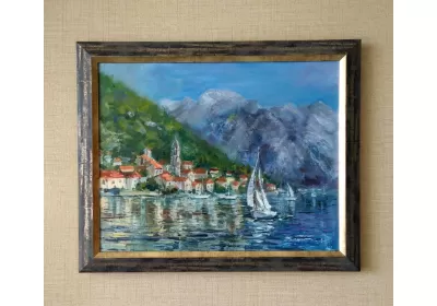 Картина "Черногория" в раме. Яхты в Боко-кторском заливе.