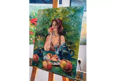 Холст на картоне с с изображением дамы с яблоками