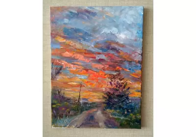 Картина маслом "Дачный закат"