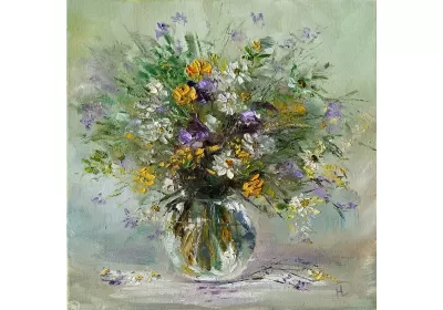 Букет полевых очаровательныз цветов в прозрачной вазе на картине маслом художника Нины Дивинской (Волгоград)