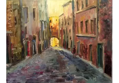 Итальянская узкая улочка между домами На дорогу, замощенную булыжником, падает солнечный свет через арку картина Художника Нины Дивинской