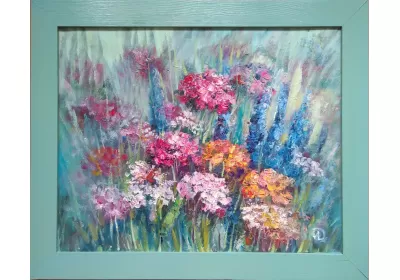 Картина маслом "Краски лета" с яркими цветами с деревянной раме, окрашенной в ручную.