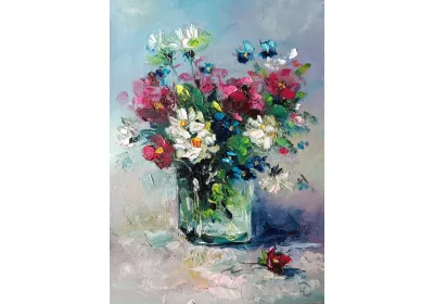 "Красочный момент" с букетом белых, красных и синих цветов художницы Нины Дивинской