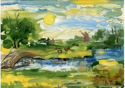 Летний пейзаж с солнечным небом и нежной зеленью монотипия Нины Дивинской (Волгоград)