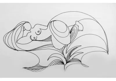 Абстрактный графический НЮ рисунок обнаженной женской фигуры тушью на траве художницы Нины Дивинской (Волгоград)