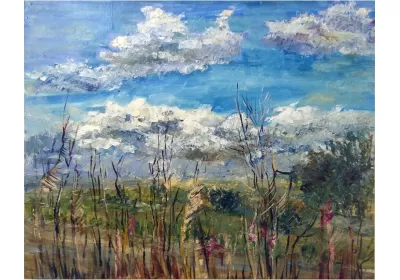 Пушистые облака над степью безмятежно плывут по голубому небу картина художника Нины Дивинской (Волгоград)