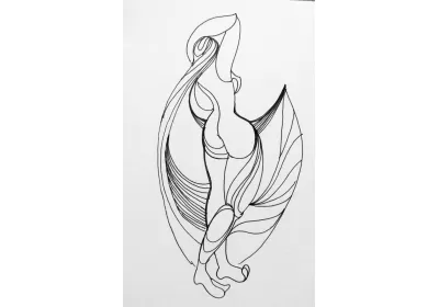 Абстрактный графический рисунок "Листья" поправляющей волосы обнажённой девушки выполнен тушью художник Нина Дивинская (Волгоград)