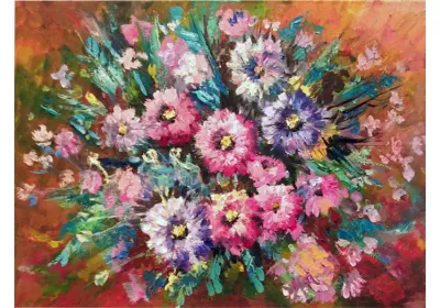 Разноцветные пушистые хризантемы с множеством бутонов картина Художника Нины Дивинской