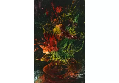 Растения полыхают красками на чёрном фоне, как будто на них направили луч фонарика в тёмной комнате картина в технике граттаж художник Нина Дивинская (Волгоград)