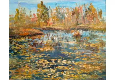Картина маслом на холсте "Осень раздевается" Жёлые листья словно на зеркале лежат на воде Художник Нина Дивинская.