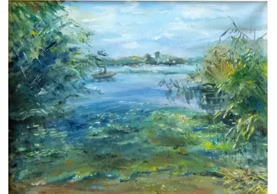 Через небольшое пространство между камышами открывается вид на реку Пичуга под Волгоградом картина маслом художника Нины Дивинской