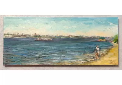 Пляж Бакалды и панорама Волгограда на картине Течёт река Волга